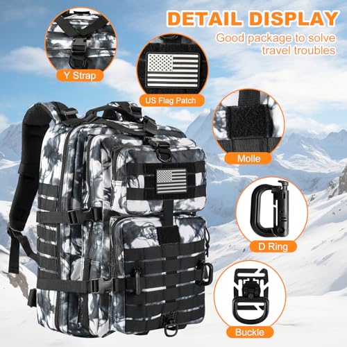 Hannibal Tactical MOLLE Assault Backpack, Tactical Backpack Military Army Camping Rucksack, 3-Day Pack Trip w/USA Flag Patch, D-Rings, Black White camo - color: Black/White Camo