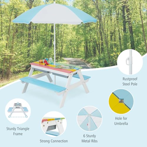HONEY JOY Kids Picnic Table, 4 in 1 Cedar Wooden Sand & Water Table w/ 2 Removable Box & Umbrella, Kids Picnic Tables for Outdoors Backyard Garden, Toddler Patio Furniture Set for Boys Girls(Blue) - color: Blue