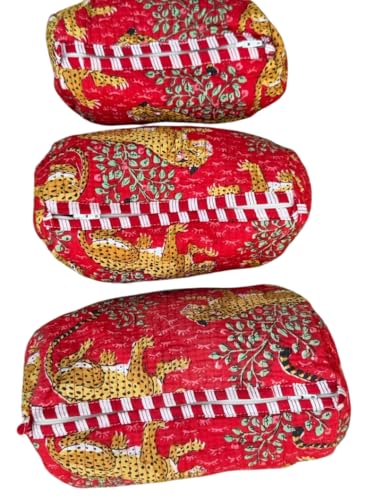 YILLE Set of 3 Pieces Block Printed Travel Organizer Kit Storage Bag for Women Makeup Bag Travel Cosmetic Bag (Red Cheetah) - color: Red Cheetah