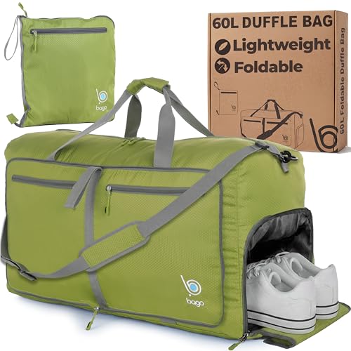 Bago Medium Duffle Bag for Travel Women & Men. Durable Lightweight Foldable Travel Duffel Bags For Traveling Women. 60L Duffle Bags For Overnight Bag With Shoe Compartment Collapsible Weekender duffel - color: Green, size: 60L