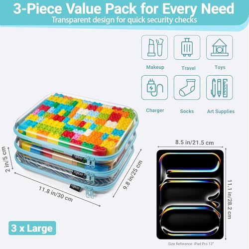YQBRAO 3-Pack Large Clear Hard Shell Zipper Case, 1.2mm Rigid Toy & Cosmetic Bags, Heavy-Duty Diaper Bag Pouch Set with YKK Zippers, Waterproof Travel & Makeup Storage (Blue) - color: Blue, size: 3 Pack(L)