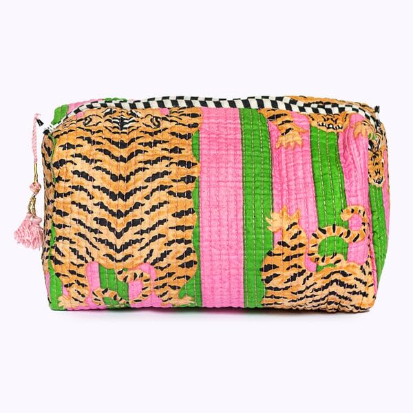 YILLE Set of 3 Pieces Block Printed Travel Organizer Kit Storage Bag for Women Makeup Bag Travel Cosmetic Bag (Pink Green Fat Tiger) - color: Pink Green Fat Tiger
