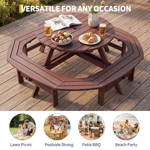 Garvee 8 Person Wooden Picnic Table, Outdoor Picnic Tables with 4 Built-in Benches, Circular Camping Dining Table and Chairs Set with Umbrella Hole for Garden, Patio, Backyard, Walnut Brown