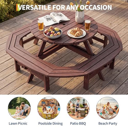 Garvee 8 Person Wooden Picnic Table, Outdoor Picnic Tables with 4 Built-in Benches, Circular Camping Dining Table and Chairs Set with Umbrella Hole for Garden, Patio, Backyard, Walnut Brown