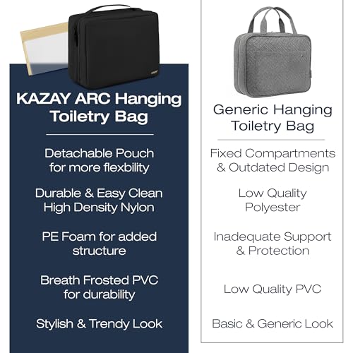 KAZAY Hanging Toiletry Bag with TSA Approved Detachable Pouch, Compact Travel Size Bag, Travel Toiletry Bag, Water Resistant, Premium Nylon, Travel Size Toiletries, Cosmetic Bag Makeup Bag (Black) - color: Black