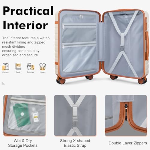 Luggage Sets 3 Piece with Spinner Wheels, Lightweight PC Hardside Suitcase with TSA Lock & YKK Zippers, 20 Inch Carry On Luggage with Travel Bag for Men and Women, Beige - color: Beige, size: 3 Piece Set (20inch)