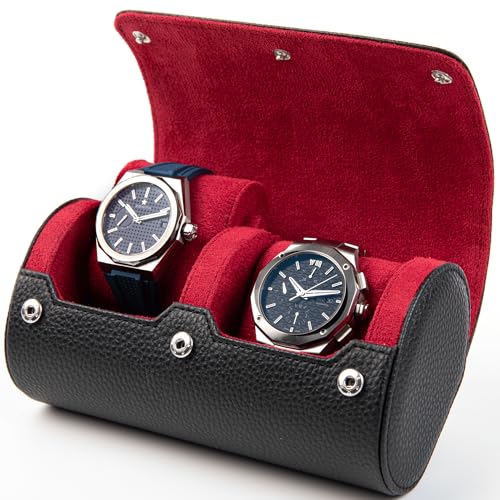 2 Watch Travel Case for Men – Leather Roll Organizer & Storage Box, Fits Watches up to 55mm | Removable Cushions | Gift Ready (Black/Wine) - color: Ink Black / Wine