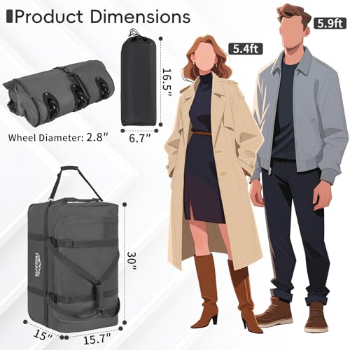120L Foldable Rolling Duffel Bag with 3 Wheels And Handle, 30 inch Large Travel Duffle Bag for Travel, Camping, Outdoors - color: Grey