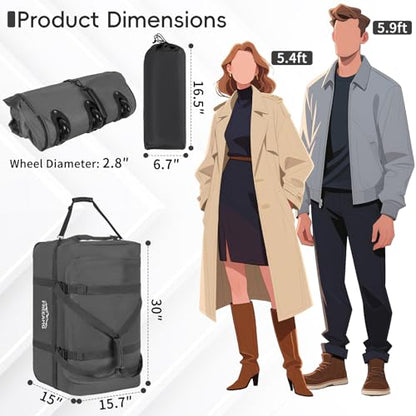 120L Foldable Rolling Duffel Bag with 3 Wheels And Handle, 30 inch Large Travel Duffle Bag for Travel, Camping, Outdoors - color: Grey