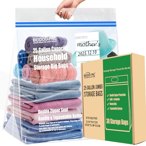 BEIDOU-PAC 25 Gallon Jumbo Storage Bags with Handle, 30 Counts | Double Zipper Seal | Expandable Bottom, Resealable Clear zip Bags for Home Travel, Moving, Commercial and Outdoor - style: Zip-25 gallon-30 count
