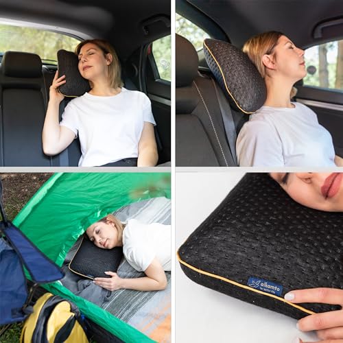 alkamto Travel & Camping Comfortable Memory Foam Pillow – Easy to Carry Portable Bag – Temperature Regulating Pillow Case (Black) - size: Black Travel