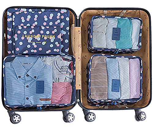 Mossio 7 Set Packing Cubes with Shoe Bag - Travel Carry On Luggage Organizer - color: Navy Daisy