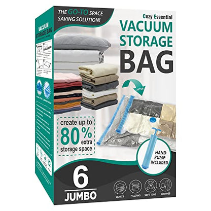 Cozy Essential Vacuum Storage Bags, 80% Compression Vacuum Seal Space Saver Plastic Packaging Bags for Clothes, Blankets, Pillow, Bedding, Comforters, Sealer Clothing Storage,6 Jumbo