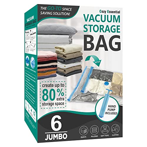 Cozy Essential Vacuum Storage Bags, 80% Compression Vacuum Seal Space Saver Plastic Packaging Bags for Clothes, Blankets, Pillow, Bedding, Comforters, Sealer Clothing Storage,6 Jumbo