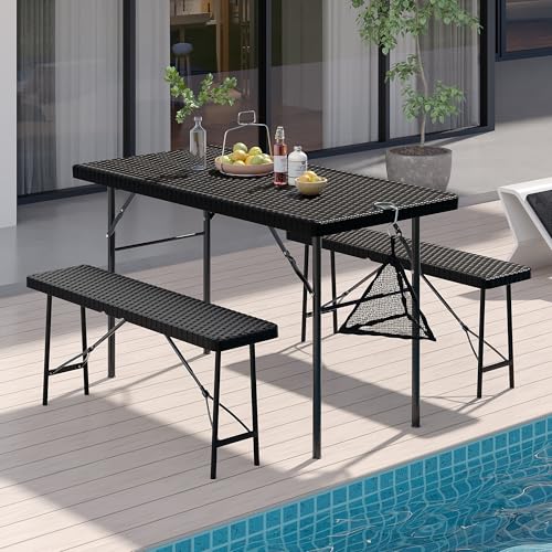 VECELO 3 Piece Folding Picnic Table with 2 Benches, 47.2" Faux Rattan Patio Set with Mesh Bag, Heat-Resistant & Waterproof, for Indoor Outdoor Use, Black
