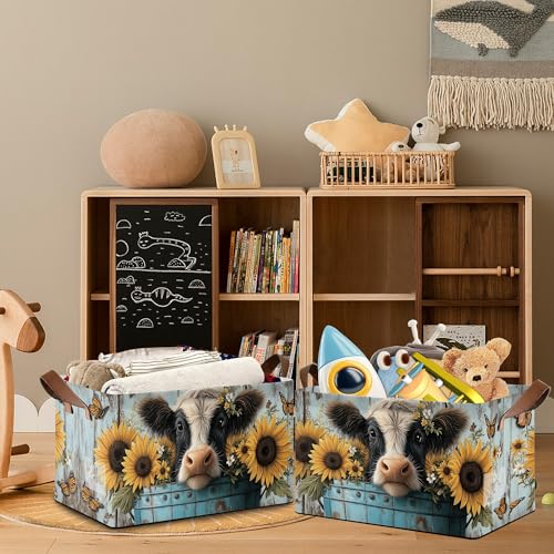 Wooden Highland Cow Storage Baskets,Butterfly Sunflower Foldable Large Capacity Organizer Bins with Waterproof Lining and Leather Handles for Closet,Shelf,Bedroom 17x11.5x10Inch - color: Wooden Highland Cow Butterfly Sunflower