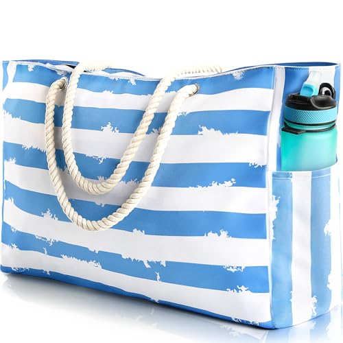 SRISE Large Beach Bag for Women & Men, Beach Bags Waterproof Sandproof, Travel Tote Bag, Swim Pool Bag for Family Outdoor - color: Blue White