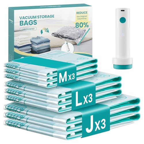 SONGMICS Vacuum Storage Bags, Rechargeable Portable Electric Pump, Space Saver Vacuum Seal Suction Bags for Clothing Travel Bedding Comforters, Reusable, 9 Pack, 3M/3L/3J, Transparent ULVB202W101 - style: 3M+3L+3J+USB Pump