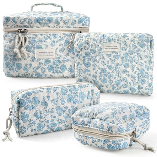 NATINSA Cute Makeup Bag for Women(2 Pcs), Travel Cosmetic Bags, Quilted Coquette Aesthetic Floral Toiletry Organizer Bag (46 - Sky Blue/4Pcs) - color: 46 - Sky Blue/4Pcs