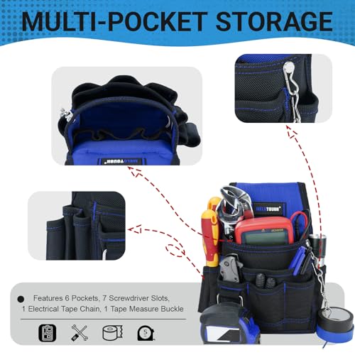 MELOTOUGH Electrician Tool Pouch Tool Belt Pouches Multiple Pockets Tool Organizer for Technician, Maintenance, HVAC - color: Blue, size: Small Electrician Pouch