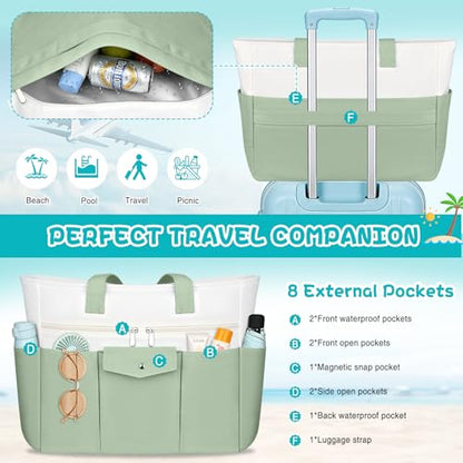 Beach Bags for Women Large Canvas Beach Tote with Zipper Wet Pocket, Waterproof Foldable Swim Pool Travel Tote Bags - color: Grass Green