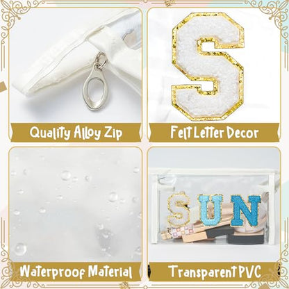 Y1tvei Clear SUN Makeup Bag - Preppy Blue SUN Chenille Varsity Letter Cosmetic Bag PVC Transparent Zipper Waterproof Beach Makeup Pouch Carry On Portable Travel Toiletry Organizer for Women(White) - color: Blue SUN White