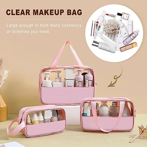 Clear Makeup Bag, 3 Pcs of Cosmetic Bags Set, Transparent PVC Travel Makeup Pouch, Waterproof Cute Toiletry Bag for Women (Pink) - color: Z-Pink-3pcs, style: 3pcs