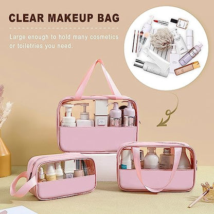 Clear Makeup Bag, 3 Pcs of Cosmetic Bags Set, Transparent PVC Travel Makeup Pouch, Waterproof Cute Toiletry Bag for Women (Pink) - color: Z-Pink-3pcs, style: 3pcs