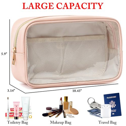 Fammart Clear Makeup Bag with 2 Customizable Chenille Letters - Waterproof PU Leather Cosmetic Case, Large Personalized Toiletry Pouch for Women & Teens, Ideal for Travel & Gift - color: Clear, Large - Pink