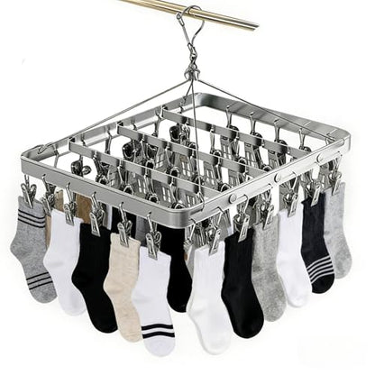 Pants Hanger Clothes Drying Racks Clip Hangers Metal with 36 Clips Windproof Hook Underwear Hanger Foldable Laundry Clip for Socks Bras (Silver) - color: Silver