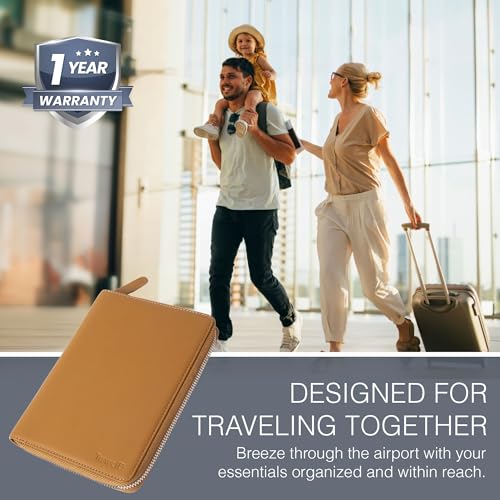 Full Grain Leather Family Passport Holder for 4 Passports - RFID Passport Holder and Travel Document Organizer - Large Leather Travel Wallet for Families - Camel - color: Tan