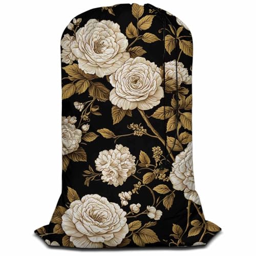 Swono Vintage Golden Flower Large Laundry Bag Washable Large Dirty Clothes, Roses Leaves Branches Berries Laundry Hamper for Traveling Dirty Clothes Organizer, Black - color: Vintage Golden Flower