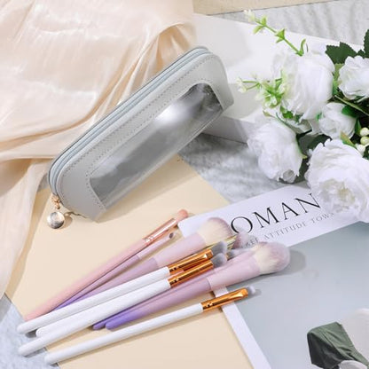 Psyqtsuary Small Clear Makeup Bag, PU Leather Travel Makeup Brush Bag Portable Transparent Waterproof Cosmetic Pouch with Zipper for Women Home Travel Office Cosmetic Storage (Grey) - color: Grey