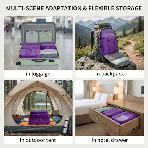 4 Piece Compression Packing Cubes for 3–7 Day Travel, Space Saving Travel Organizers with Breathable Mesh, Double-Zipper Packing Cubes for Carry-On & Suitcases (Purple) - color: Purple
