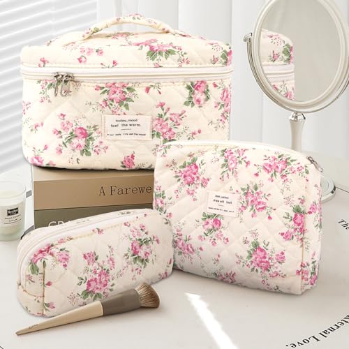 GISMTR 3Pcs Cotton Quilted Makeup Bag Large Travel Cosmetic Bag Coquette Makeup Pouch Cute Aesthetic Floral Toiletry Bag for Women Girls (flower-M) - color: flower-M