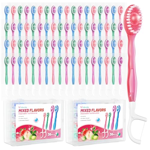 72 Pack 5-in-1 Disposable Toothbrushes with Toothpaste, Floss, Pick & Tongue Scraper, Portable Mini Toothbrush Travel Set for Kids Adults, Individually Wrapped, Work Camping, Mixed Flavor - color: Mixed Flavor, size: 1 Count (Pack of 72)