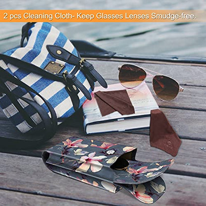 FINTIE Double Glasses Case with Carabiner Hook, Portable Vegan Leather Eyeglass Case Anti-scratch Sunglasses Pouch - color: Blooming Hibiscus