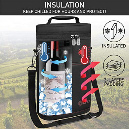 opux 2 Bottle Wine Carrier Tote, Insulated Leakproof Wine Cooler Bag, Wine Travel Bag Tote for Picnic BYOB Beach, Portable Wine Bottle Carrying Case, Gift for Wine Lover Women Men Christmas, Black - color: Black