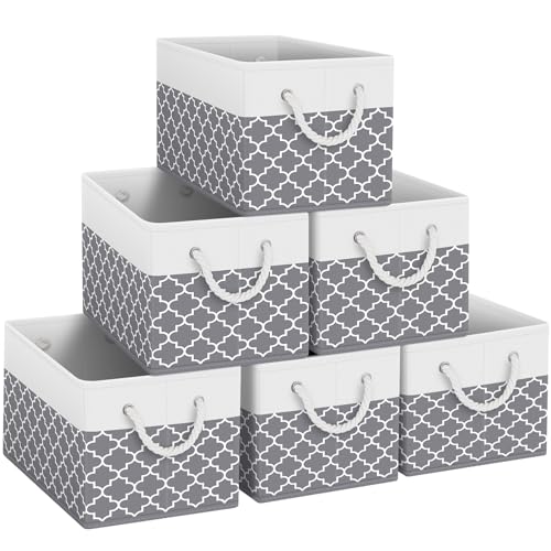 Fab totes Storage Bins 6-Pack, Foldable Storage Baskets for Organizing Toys, Books, Shelves, Closet, Large Storage Box with Rope Handles, Sturdy Organizer Bins,Clover Grey - color: Clover Grey, size: 6pack