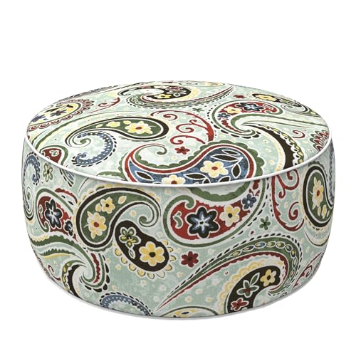 LVTXIII Indoor/Outdoor Inflatable Ottoman with Handle D21 x H9 Inch, Weather-Resistant Round Footstool Pouf for Patio Camping Living Room, Portable Footrest Extra Seating, Paisley Light Cyan - color: Paisley Light Cyan, size: 21"D x 21"W x 9"H