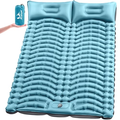 Double Sleeping Pad for Camping - Ultralight Camping Mattress with Pillow, Built-in Foot Pump, Compact Inflatable 2-Person Portable Mat for Backpacking, Hiking, Car Traveling, Beach, Tent - color: Light Blue