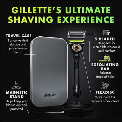 GilletteLabs with Exfoliating Bar by Gillette Mens Razor, 5 Bladed, Closeness and Comfort, Includes Travel Case and Stand, Handle + 3 Blade Refills - color: Gold, style: 1 Razor, 1 Travel Case, 3 Refills, 1 Stand