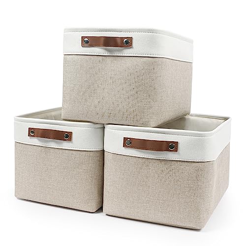 Bagnizer Storage Bins Large Fabric Storage Baskets for Shelves 3 Pack, Decorative Linen Closet Baskets with Handles for Organizing, Shelf, Clothes, Home, Office, 15x11x9.5Inches (Beige&White) - color: Beige / Off-White, size: Large -15"x11"x9.5"