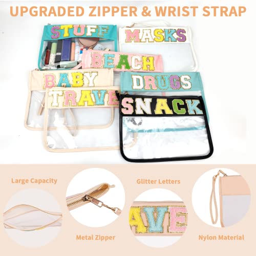 Iqimott Chenille Letter Clear Bag Travel Pouch, Monogram PVC & PU Makeup Cosmetic Bag Zipper Toiletry Pouch, Waterproof Portable Beach Snack Wristlet Bags for Women Girls(Travel, Pink) - color: Travel-NewPink