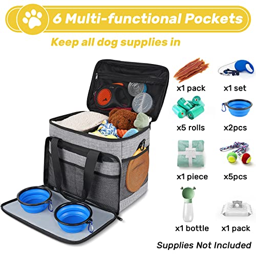 6 Set Dog Travel Bag, Large Pet Travel Kit for Supplies Includes 2 Food Containers, 1 Pet Organizer for Dogs, 2 Collapsible Bowls, 1 Treat Pouch, Dog Weekend Overnight Bag Luggage - color: Grey