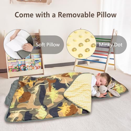 Primlect Toddler Nap Mat with Removable Pillow and Fleece Blanket, Extra Large 55''x35'' Sleeping Bag, Washable, Light, Easy to Roll up, Perfect for Daycare, Preschool, Kindergarten, Travel - color: Camo Dinosaur