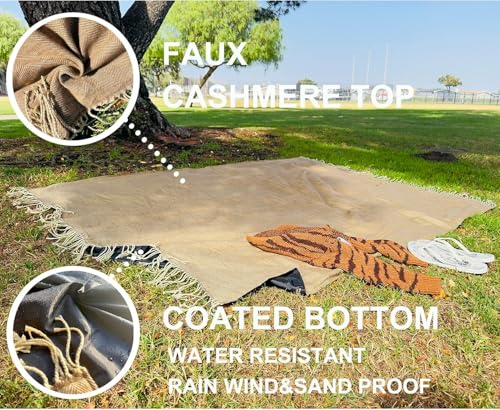 Picnic Blanket Extra Large Waterproof with Strap 59"x79" - Machine Washable Tassels Faux Wool Cashmere for Park, Grass, Camping, Hiking, Concerts (Deep Tan with white shoulder strap, 59"X79") - color: Deep Tan With White Shoulder Strap