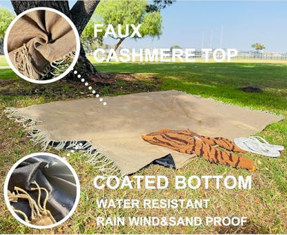 Picnic Blanket Extra Large Waterproof with Strap 59"x79" - Machine Washable Tassels Faux Wool Cashmere for Park, Grass, Camping, Hiking, Concerts (Deep Tan with white shoulder strap, 59"X79") - color: Deep Tan With White Shoulder Strap
