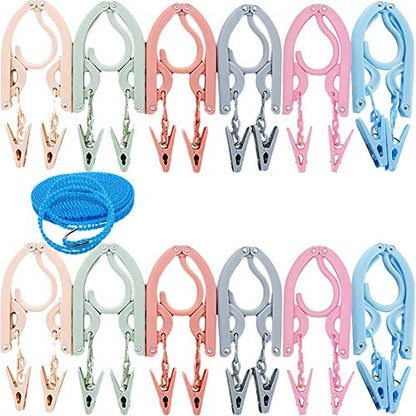 Portable Folding Travel Clothes Hangers12 Pcs with 24 Pcs Clips,with 1 Pcs Clothesline,for Scarves Suits Trousers Pants Shirts Socks Underwear Clothesp - size: 12 Pack Hanger with Clothesline
