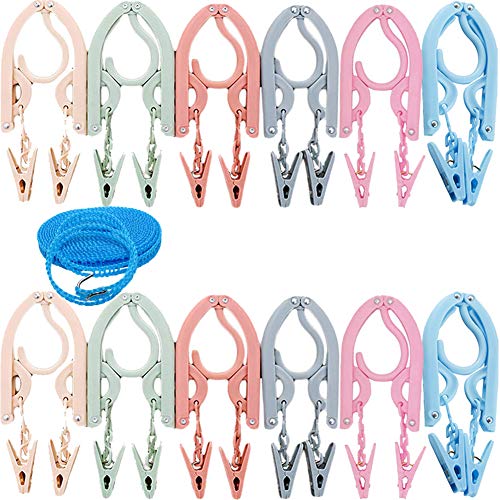 Portable Folding Travel Clothes Hangers12 Pcs with 24 Pcs Clips,with 1 Pcs Clothesline,for Scarves Suits Trousers Pants Shirts Socks Underwear Clothesp - size: 12 Pack Hanger with Clothesline